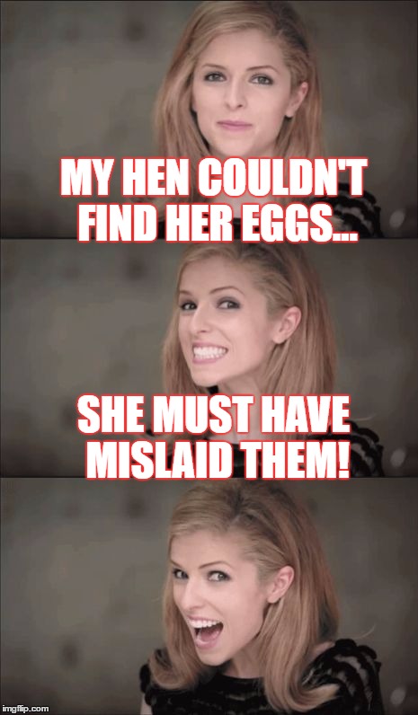 Bad Pun Anna Kendrick | MY HEN COULDN'T FIND HER EGGS... SHE MUST HAVE MISLAID THEM! | image tagged in memes,bad pun anna kendrick | made w/ Imgflip meme maker