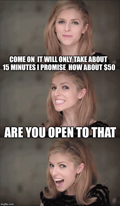 I knew you were closed ... So I was willing to pay extra for a haircut...But this is way better...I can get a haircut next week | COME ON  IT WILL ONLY TAKE ABOUT 15 MINUTES I PROMISE  HOW ABOUT $50; ARE YOU OPEN TO THAT | image tagged in memes,bad pun anna kendrick | made w/ Imgflip meme maker