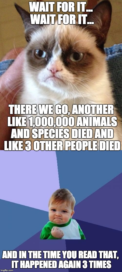 People and animals die... every 4 seconds? Jeez | WAIT FOR IT... WAIT FOR IT... THERE WE GO, ANOTHER LIKE 1,000,000 ANIMALS AND SPECIES DIED AND LIKE 3 OTHER PEOPLE DIED; AND IN THE TIME YOU READ THAT, IT HAPPENED AGAIN 3 TIMES | image tagged in death,grumpy cat,apocalypse | made w/ Imgflip meme maker