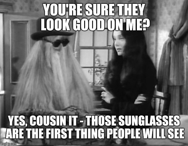 YOU'RE SURE THEY LOOK GOOD ON ME? YES, COUSIN IT - THOSE SUNGLASSES ARE THE FIRST THING PEOPLE WILL SEE | made w/ Imgflip meme maker