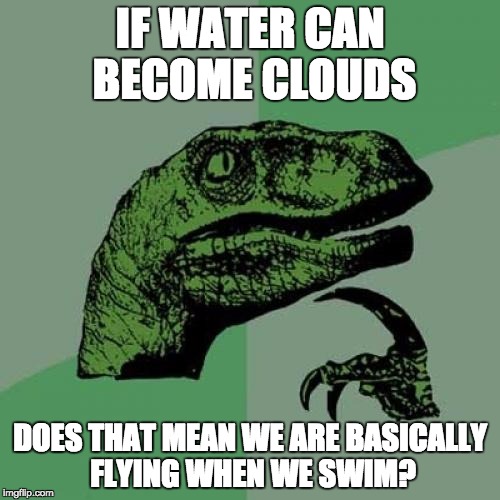 Philosoraptor | IF WATER CAN BECOME CLOUDS; DOES THAT MEAN WE ARE BASICALLY FLYING WHEN WE SWIM? | image tagged in memes,philosoraptor | made w/ Imgflip meme maker