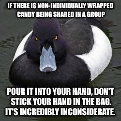 Angry Advice Mallard | IF THERE IS NON-INDIVIDUALLY WRAPPED CANDY BEING SHARED IN A GROUP; POUR IT INTO YOUR HAND, DON'T STICK YOUR HAND IN THE BAG. IT'S INCREDIBLY INCONSIDERATE. | image tagged in angry advice mallard,AdviceAnimals | made w/ Imgflip meme maker