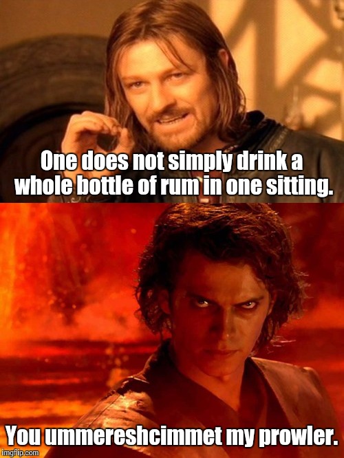 One Does Not Simply || You Underestimate My Power | One does not simply drink a whole bottle of rum in one sitting. You ummereshcimmet my prowler. | image tagged in one does not simply,you underestimate my power | made w/ Imgflip meme maker