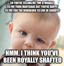 Skeptical Baby | SO YOU'RE TELLING ME YOU STRUGGLE TO PAY YOUR MORTGAGE BUT YOU'RE HAPPY TO PAY FOR THE WINDSORS TO LIVE IN LUXURY? HMM, I THINK YOU'VE BEEN ROYALLY SHAFTED | image tagged in memes,skeptical baby | made w/ Imgflip meme maker