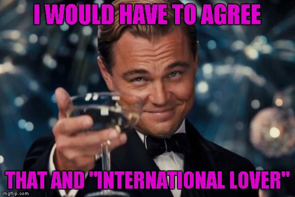 Leonardo Dicaprio Cheers Meme | I WOULD HAVE TO AGREE THAT AND "INTERNATIONAL LOVER" | image tagged in memes,leonardo dicaprio cheers | made w/ Imgflip meme maker