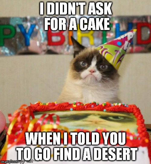 Grumpy Birthday Cat | I DIDN'T ASK FOR A CAKE; WHEN I TOLD YOU TO GO FIND A DESERT | image tagged in grumpy birthday cat | made w/ Imgflip meme maker