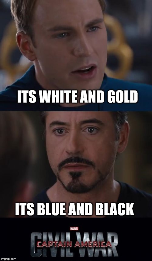 #thedress | ITS WHITE AND GOLD; ITS BLUE AND BLACK | image tagged in memes,marvel civil war | made w/ Imgflip meme maker