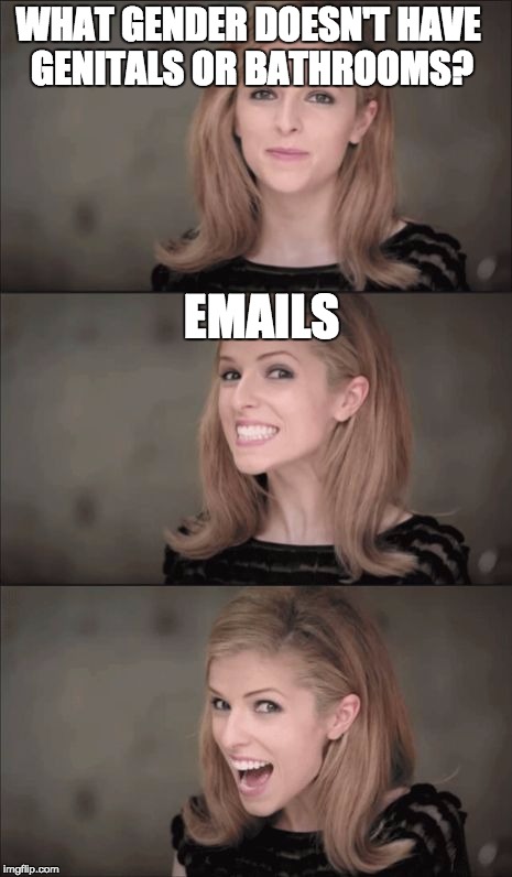 Bad Pun Anna Kendrick | WHAT GENDER DOESN'T HAVE GENITALS OR BATHROOMS? EMAILS | image tagged in memes,bad pun anna kendrick | made w/ Imgflip meme maker