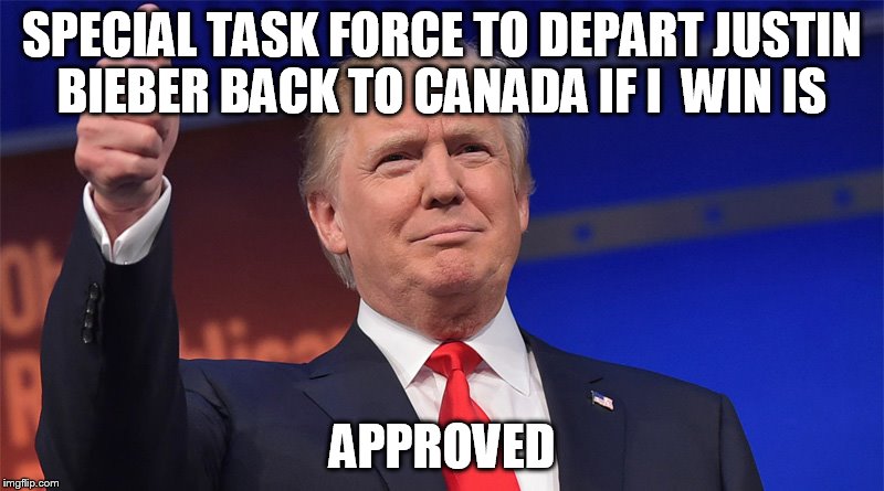 so all vote for trump !  | SPECIAL TASK FORCE TO DEPART JUSTIN BIEBER BACK TO CANADA IF I  WIN IS; APPROVED | image tagged in donald trump | made w/ Imgflip meme maker