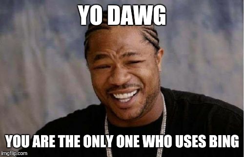 Yo Dawg Heard You Meme | YO DAWG YOU ARE THE ONLY ONE WHO USES BING | image tagged in memes,yo dawg heard you | made w/ Imgflip meme maker