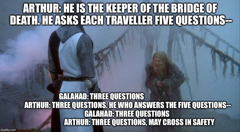 ARTHUR: HE IS THE KEEPER OF THE BRIDGE OF DEATH. HE ASKS EACH TRAVELLER FIVE QUESTIONS--; GALAHAD: THREE QUESTIONS
                                     ARTHUR: THREE QUESTIONS.
HE WHO ANSWERS THE FIVE QUESTIONS--                  
GALAHAD: THREE QUESTIONS
                                    ARTHUR: THREE QUESTIONS, MAY CROSS IN SAFETY | image tagged in monty python and the holy grail | made w/ Imgflip meme maker