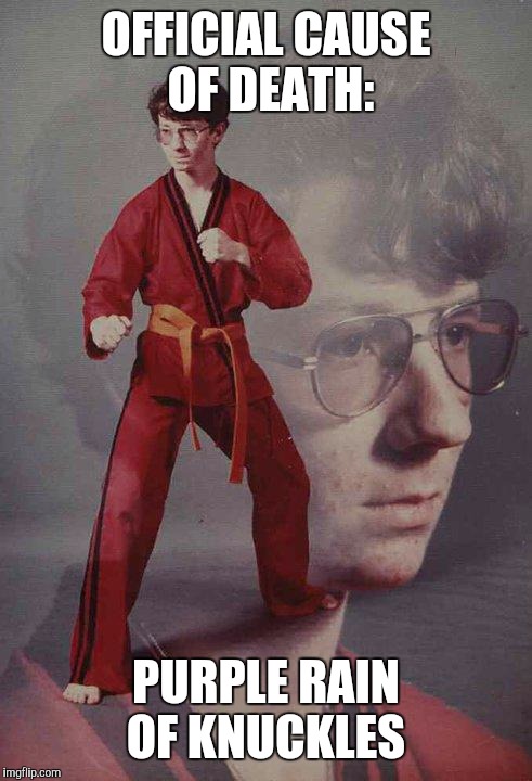 Karate Kyle | OFFICIAL CAUSE OF DEATH:; PURPLE RAIN OF KNUCKLES | image tagged in memes,karate kyle | made w/ Imgflip meme maker