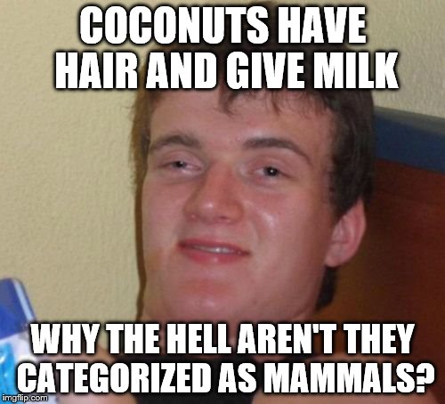 10 Guy Meme | COCONUTS HAVE HAIR AND GIVE MILK; WHY THE HELL AREN'T THEY CATEGORIZED AS MAMMALS? | image tagged in memes,10 guy | made w/ Imgflip meme maker