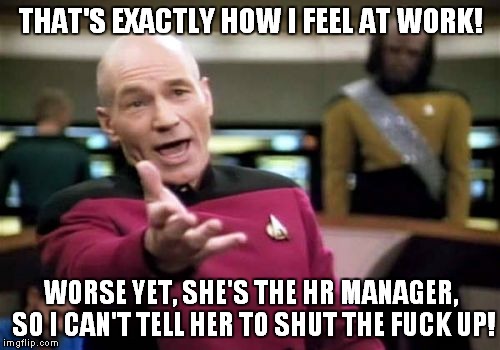 Picard Wtf Meme | THAT'S EXACTLY HOW I FEEL AT WORK! WORSE YET, SHE'S THE HR MANAGER, SO I CAN'T TELL HER TO SHUT THE F**K UP! | image tagged in memes,picard wtf | made w/ Imgflip meme maker