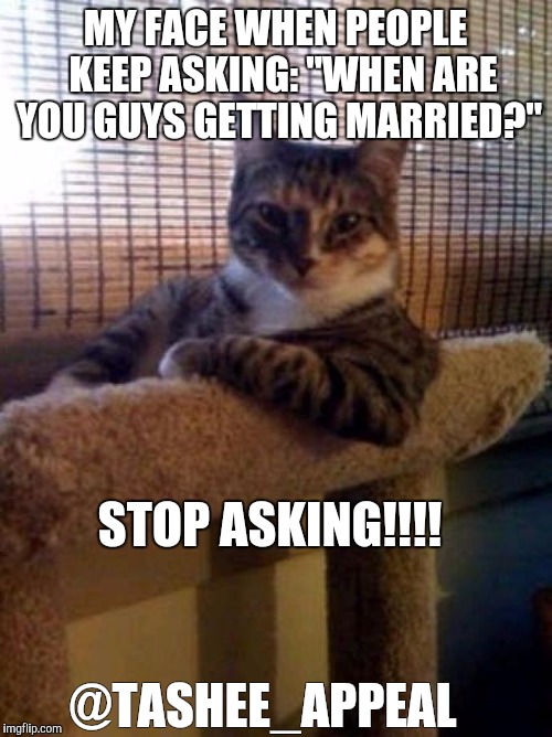 The Most Interesting Cat In The World Meme | MY FACE WHEN PEOPLE  KEEP ASKING: "WHEN ARE YOU GUYS GETTING MARRIED?"; STOP ASKING!!!! @TASHEE_APPEAL | image tagged in memes,the most interesting cat in the world | made w/ Imgflip meme maker