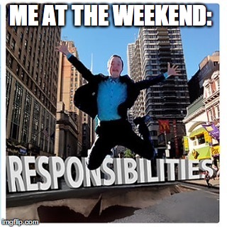 ME AT THE WEEKEND: | image tagged in adding,random,tags,lol | made w/ Imgflip meme maker