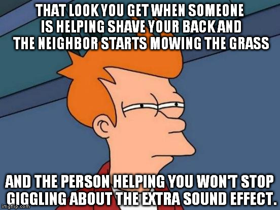 That look you get... | THAT LOOK YOU GET WHEN SOMEONE IS HELPING SHAVE YOUR BACK AND THE NEIGHBOR STARTS MOWING THE GRASS; AND THE PERSON HELPING YOU WON'T STOP GIGGLING ABOUT THE EXTRA SOUND EFFECT. | image tagged in memes,futurama fry,funny,back hair,that look | made w/ Imgflip meme maker