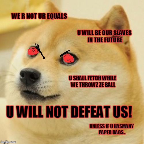 Doge Meme | WE R NOT UR EQUALS U WILL BE OUR SLAVES IN THE FUTURE U SHALL FETCH WHILE WE THROWZ ZE BALL U WILL NOT DEFEAT US! UNLESS IF U HASMANY PAPER  | image tagged in memes,doge | made w/ Imgflip meme maker