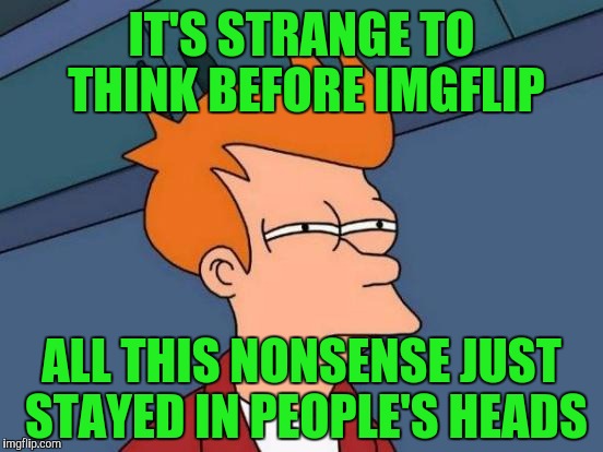 Futurama Fry | IT'S STRANGE TO THINK BEFORE IMGFLIP; ALL THIS NONSENSE JUST STAYED IN PEOPLE'S HEADS | image tagged in memes,futurama fry | made w/ Imgflip meme maker