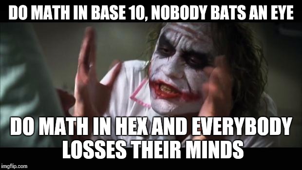 And everybody loses their minds | DO MATH IN BASE 10, NOBODY BATS AN EYE; DO MATH IN HEX AND EVERYBODY LOSSES THEIR MINDS | image tagged in memes,and everybody loses their minds | made w/ Imgflip meme maker