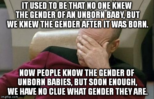 Call me what you want, but I strongly believe if you're born a guy, then you're permanently a guy; and likewise for girls. | IT USED TO BE THAT NO ONE KNEW THE GENDER OF AN UNBORN BABY, BUT WE KNEW THE GENDER AFTER IT WAS BORN. NOW PEOPLE KNOW THE GENDER OF UNBORN BABIES, BUT SOON ENOUGH, WE HAVE NO CLUE WHAT GENDER THEY ARE. | image tagged in memes,captain picard facepalm | made w/ Imgflip meme maker