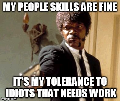 Say That Again I Dare You | MY PEOPLE SKILLS ARE FINE; IT'S MY TOLERANCE TO IDIOTS THAT NEEDS WORK | image tagged in memes,say that again i dare you | made w/ Imgflip meme maker