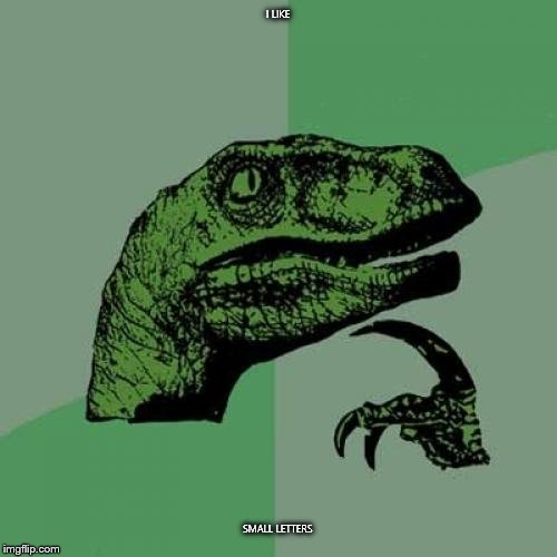 Philosoraptor | I LIKE; SMALL LETTERS | image tagged in memes,philosoraptor | made w/ Imgflip meme maker