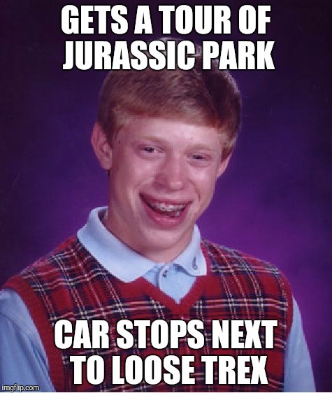 GETS A TOUR OF JURASSIC PARK CAR STOPS NEXT TO LOOSE TREX | image tagged in memes,bad luck brian | made w/ Imgflip meme maker