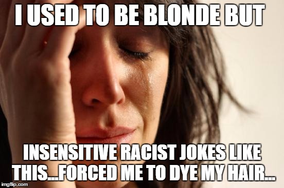 First World Problems Meme | I USED TO BE BLONDE BUT INSENSITIVE RACIST JOKES LIKE THIS...FORCED ME TO DYE MY HAIR... | image tagged in memes,first world problems | made w/ Imgflip meme maker