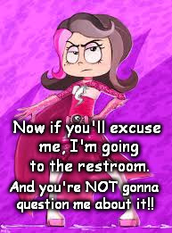 NO MORE MR. NICE GIRL! | Now if you'll excuse me, I'm going to the restroom. And you're NOT gonna question me about it!! | image tagged in shezow,transgender bathroom,lgbt,first world problems | made w/ Imgflip meme maker