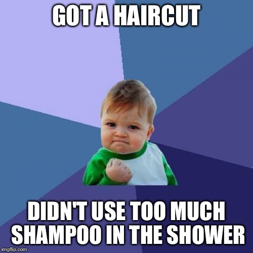 Success Kid | GOT A HAIRCUT; DIDN'T USE TOO MUCH SHAMPOO IN THE SHOWER | image tagged in memes,success kid | made w/ Imgflip meme maker