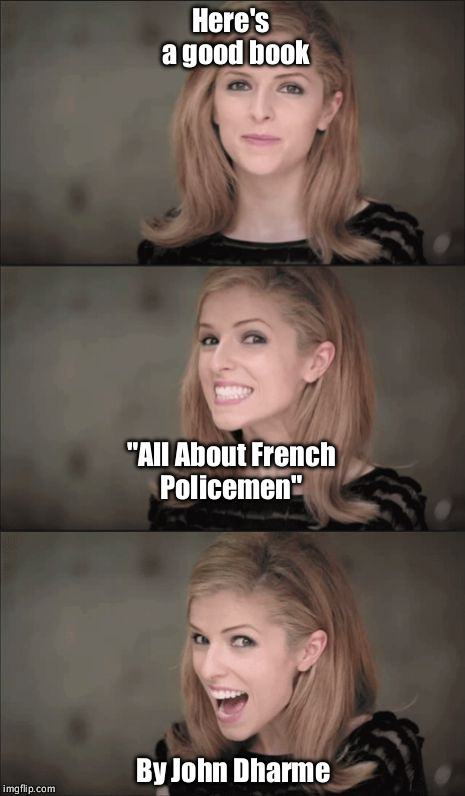 Bad Pun Anna Kendrick | Here's  a good book; "All About French  Policemen"; By John Dharme | image tagged in memes,bad pun anna kendrick | made w/ Imgflip meme maker