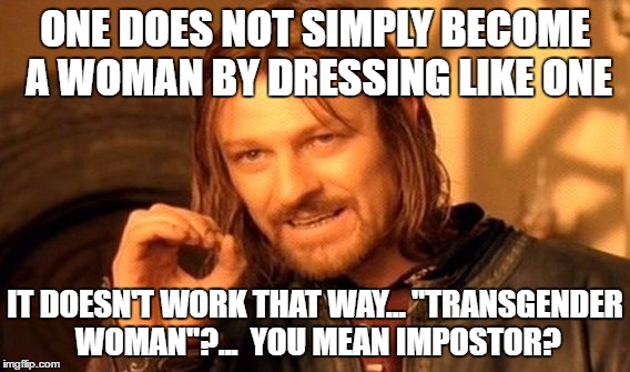 One Does Not Simply Meme | ONE DOES NOT SIMPLY BECOME A WOMAN BY DRESSING LIKE ONE IT DOESN'T WORK THAT WAY... "TRANSGENDER WOMAN"?...  YOU MEAN IMPOSTOR? | image tagged in memes,one does not simply | made w/ Imgflip meme maker