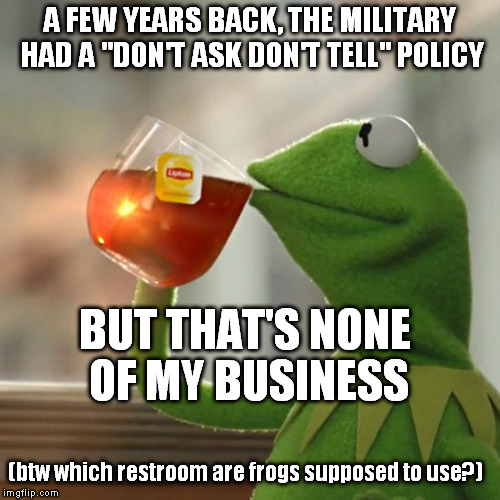 But That's None Of My Business | A FEW YEARS BACK, THE MILITARY HAD A "DON'T ASK DON'T TELL" POLICY; BUT THAT'S NONE OF MY BUSINESS; (btw which restroom are frogs supposed to use?) | image tagged in memes,but thats none of my business,kermit the frog,don't ask don't tell,restroom sign,transgender bathroom | made w/ Imgflip meme maker