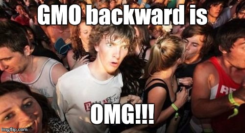 Still don't think genetically modified organisms are a big deal? Check this out! | GMO backward is; OMG!!! | image tagged in memes,sudden clarity clarence | made w/ Imgflip meme maker