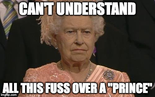 Queen Elizabeth London Olympics Not Amused | CAN'T UNDERSTAND; ALL THIS FUSS OVER A "PRINCE" | image tagged in queen elizabeth london olympics not amused | made w/ Imgflip meme maker