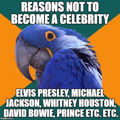 Paranoid Parrot | REASONS NOT TO BECOME A CELEBRITY; ELVIS PRESLEY, MICHAEL JACKSON, WHITNEY HOUSTON, DAVID BOWIE, PRINCE ETC. ETC. | image tagged in memes,paranoid parrot | made w/ Imgflip meme maker