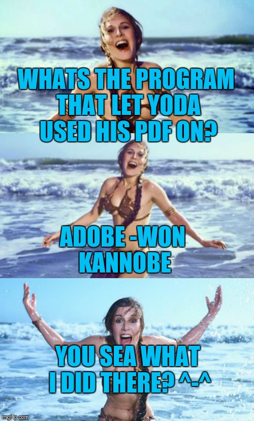 bad pun leia | WHATS THE PROGRAM THAT LET YODA USED HIS PDF ON? ADOBE -WON KANNOBE; YOU SEA WHAT I DID THERE? ^-^ | image tagged in bad pun leia | made w/ Imgflip meme maker