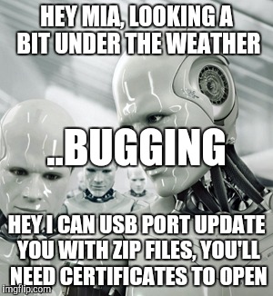 Robots Meme | HEY MIA, LOOKING A BIT UNDER THE WEATHER; ..BUGGING; HEY I CAN USB PORT UPDATE YOU WITH ZIP FILES, YOU'LL NEED CERTIFICATES TO OPEN | image tagged in memes,robots | made w/ Imgflip meme maker