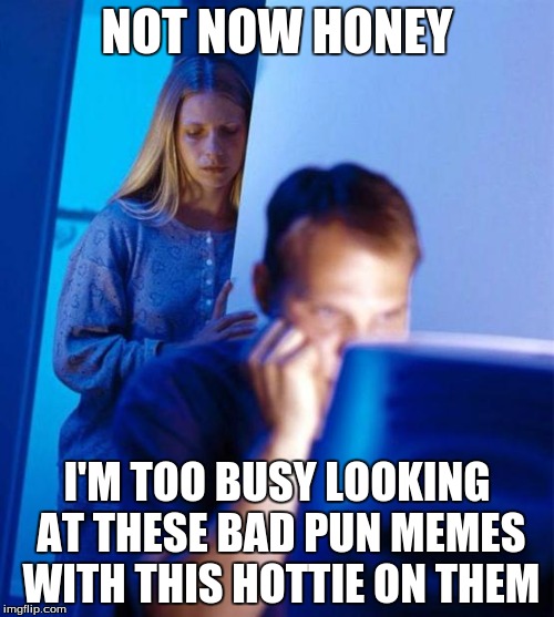 Redditor's Wife | NOT NOW HONEY; I'M TOO BUSY LOOKING AT THESE BAD PUN MEMES WITH THIS HOTTIE ON THEM | image tagged in memes,redditors wife | made w/ Imgflip meme maker