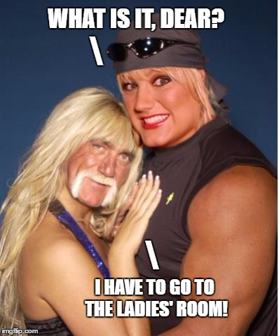 hulk hogan head swap gender confusion | WHAT IS IT, DEAR? \; \; I HAVE TO GO TO THE LADIES' ROOM! | image tagged in hulk hogan head swap | made w/ Imgflip meme maker