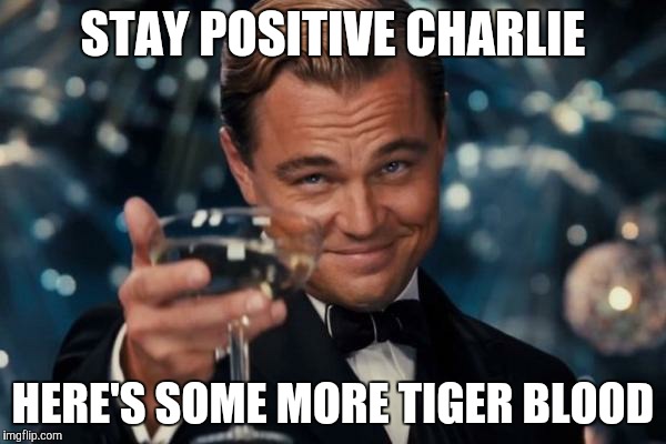 Leonardo Dicaprio Cheers | STAY POSITIVE CHARLIE; HERE'S SOME MORE TIGER BLOOD | image tagged in memes,leonardo dicaprio cheers | made w/ Imgflip meme maker
