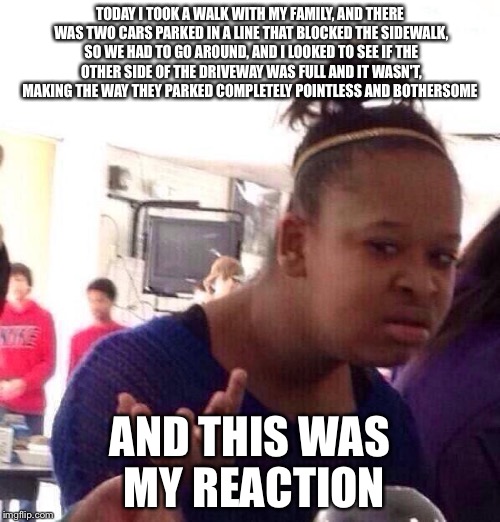 Black Girl Wat | TODAY I TOOK A WALK WITH MY FAMILY, AND THERE WAS TWO CARS PARKED IN A LINE THAT BLOCKED THE SIDEWALK, SO WE HAD TO GO AROUND, AND I LOOKED TO SEE IF THE OTHER SIDE OF THE DRIVEWAY WAS FULL AND IT WASN'T, MAKING THE WAY THEY PARKED COMPLETELY POINTLESS AND BOTHERSOME; AND THIS WAS MY REACTION | image tagged in memes,black girl wat | made w/ Imgflip meme maker