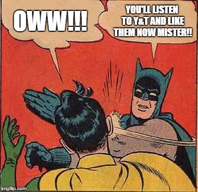 Batman Slapping Robin Meme | OWW!!! YOU'LL LISTEN TO Y&T AND LIKE THEM NOW MISTER!! | image tagged in memes,batman slapping robin | made w/ Imgflip meme maker