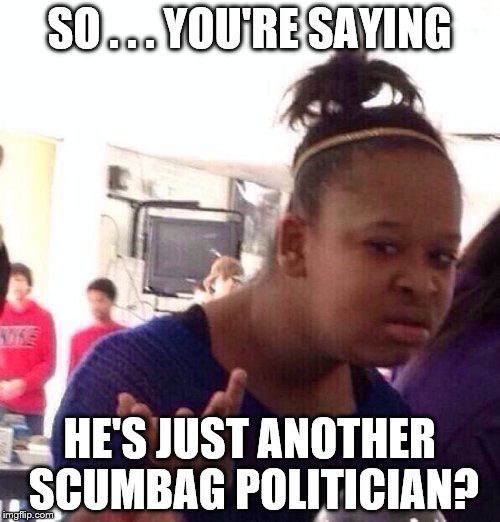 Black Girl Wat Meme | SO . . . YOU'RE SAYING HE'S JUST ANOTHER SCUMBAG POLITICIAN? | image tagged in memes,black girl wat | made w/ Imgflip meme maker