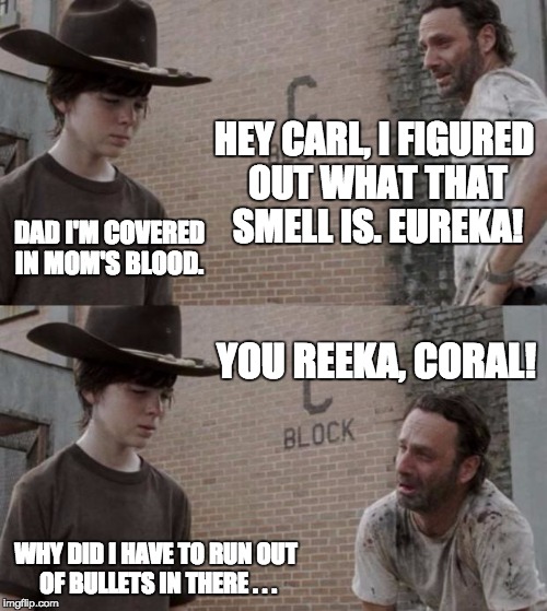 Maybe Lori was the lucky one... | HEY CARL, I FIGURED OUT WHAT THAT SMELL IS. EUREKA! DAD I'M COVERED IN MOM'S BLOOD. YOU REEKA, CORAL! WHY DID I HAVE TO RUN OUT OF BULLETS IN THERE . . . | image tagged in memes,rick and carl | made w/ Imgflip meme maker
