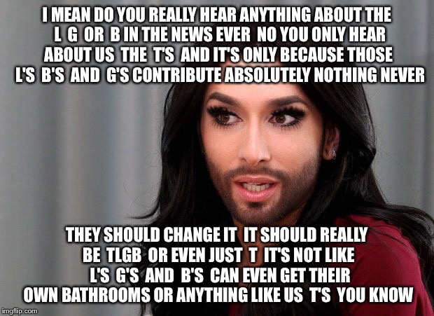 You Better Absolutely Know It Girl... I Just Switched From Walmart And Do ALL My Shopping At Target Now  | I MEAN DO YOU REALLY HEAR ANYTHING ABOUT THE  L  G  OR  B IN THE NEWS EVER  NO YOU ONLY HEAR ABOUT US  THE  T'S  AND IT'S ONLY BECAUSE THOSE  L'S  B'S  AND  G'S CONTRIBUTE ABSOLUTELY NOTHING NEVER; THEY SHOULD CHANGE IT  IT SHOULD REALLY BE  TLGB  OR EVEN JUST  T  IT'S NOT LIKE  L'S  G'S  AND  B'S  CAN EVEN GET THEIR OWN BATHROOMS OR ANYTHING LIKE US  T'S  YOU KNOW | image tagged in lgbt,transgender,transgender bathroom,political meme,gay,sjw | made w/ Imgflip meme maker