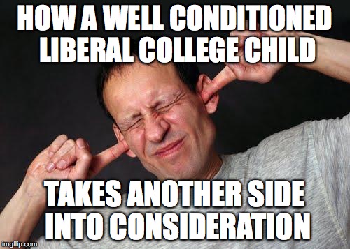 Fingers In Ears | HOW A WELL CONDITIONED LIBERAL COLLEGE CHILD; TAKES ANOTHER SIDE INTO CONSIDERATION | image tagged in fingers in ears | made w/ Imgflip meme maker
