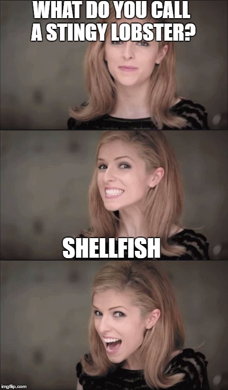 Bad Pun Anna Kendrick | WHAT DO YOU CALL A STINGY LOBSTER? SHELLFISH | image tagged in memes,bad pun anna kendrick | made w/ Imgflip meme maker