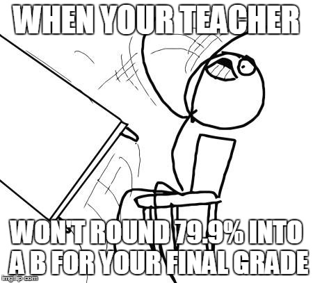 Table Flip Guy Meme | WHEN YOUR TEACHER; WON'T ROUND 79.9% INTO A B FOR YOUR FINAL GRADE | image tagged in memes,table flip guy | made w/ Imgflip meme maker